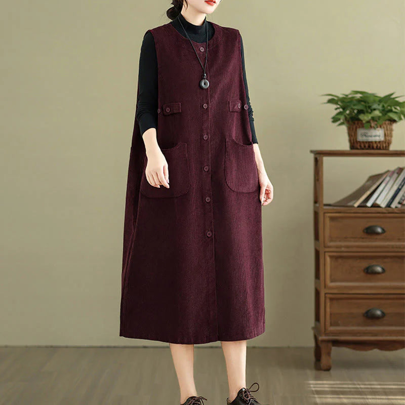 Buddha Stones Pure Colo Buttons Sleeveless Midi Dress With Pockets