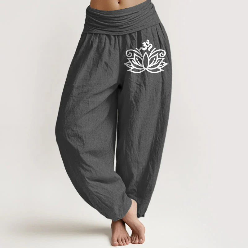 Buddha Stones Lotus Flower Om Symbol Pattern Women's Elastic Waist Harem Pure Cotton Pants