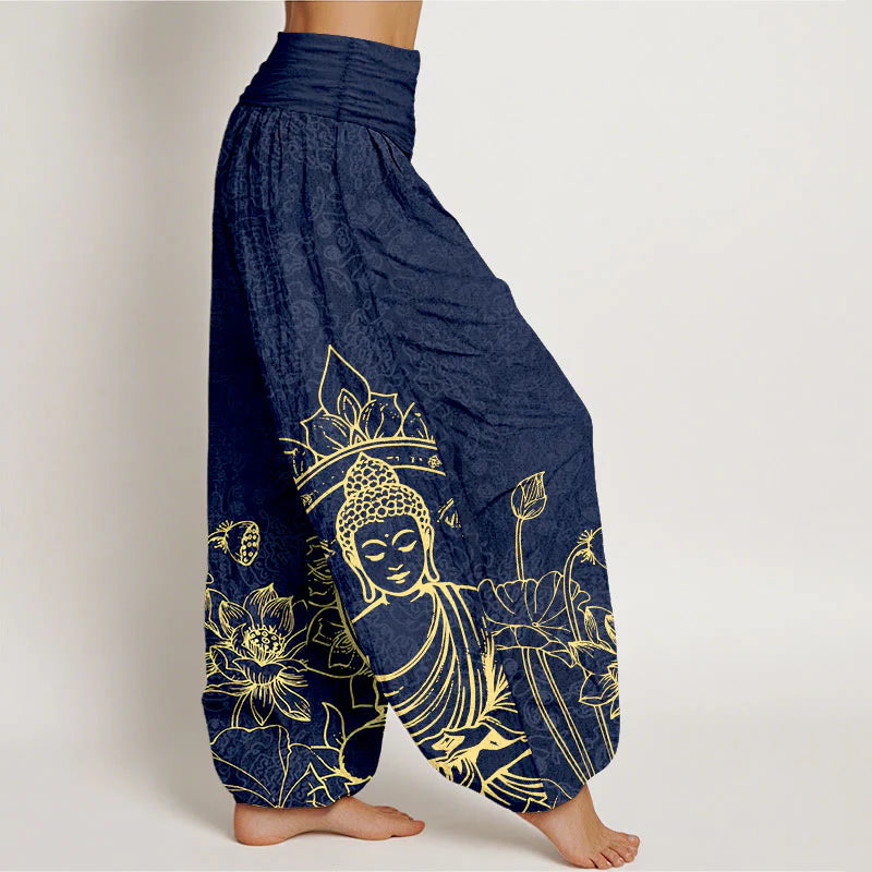 Buddha Stones Pure Cotton Classical Lotus Flower Seedpod Leaf Buddha Pattern Women's Elastic Waist Harem Pants