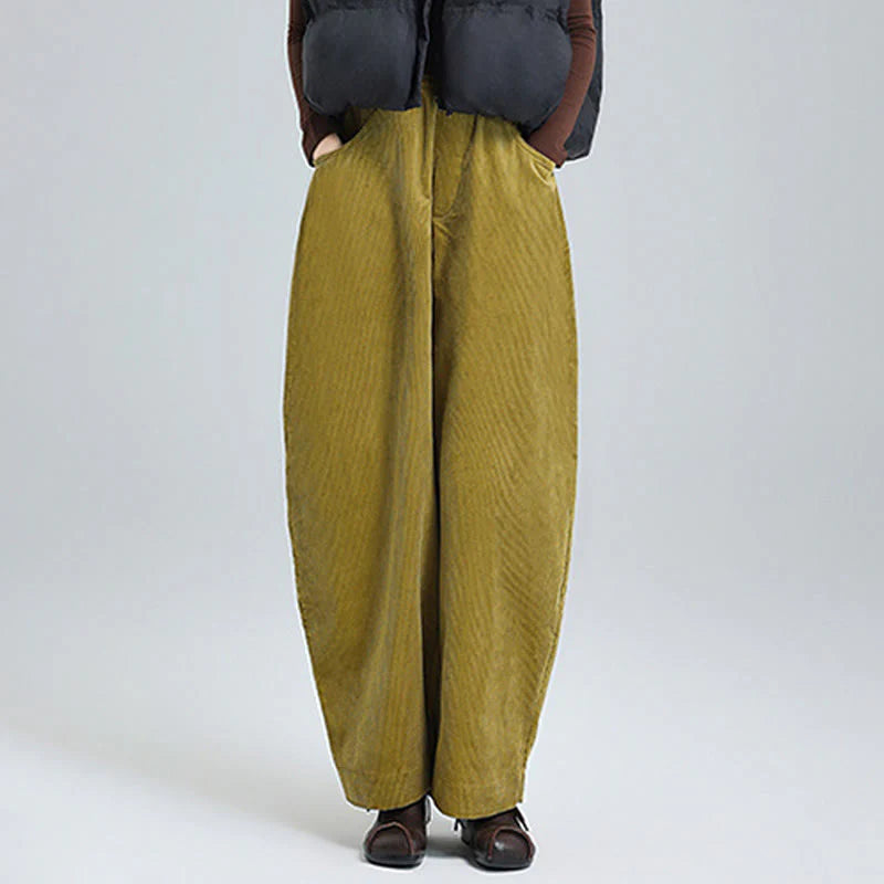 Buddha Stones Women's Fall Plain Ankle-Length Simple Design Corduroy Pants With Pockets