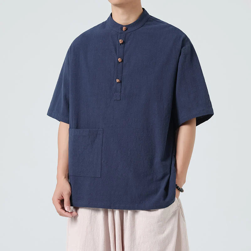 Buddha Stones Casual Half Frog-Button Design Stand Collar Tang Suit Men's Half Sleeve Cotton Shirt With Pocket