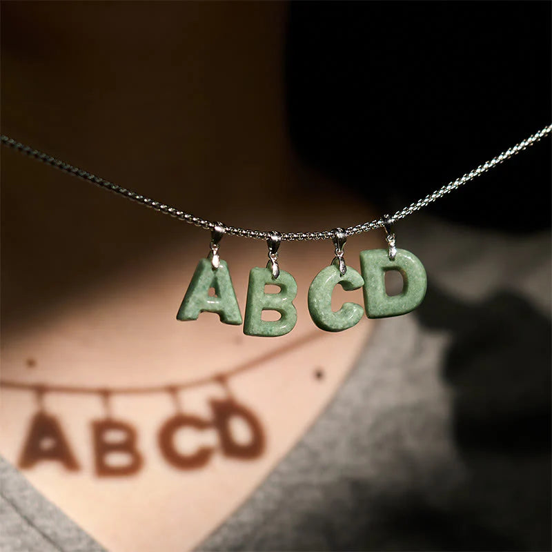 Buddha Stones Natural A-Z Letter Jade Titanium Steel Wide Chain Prosperity Necklace Pendant