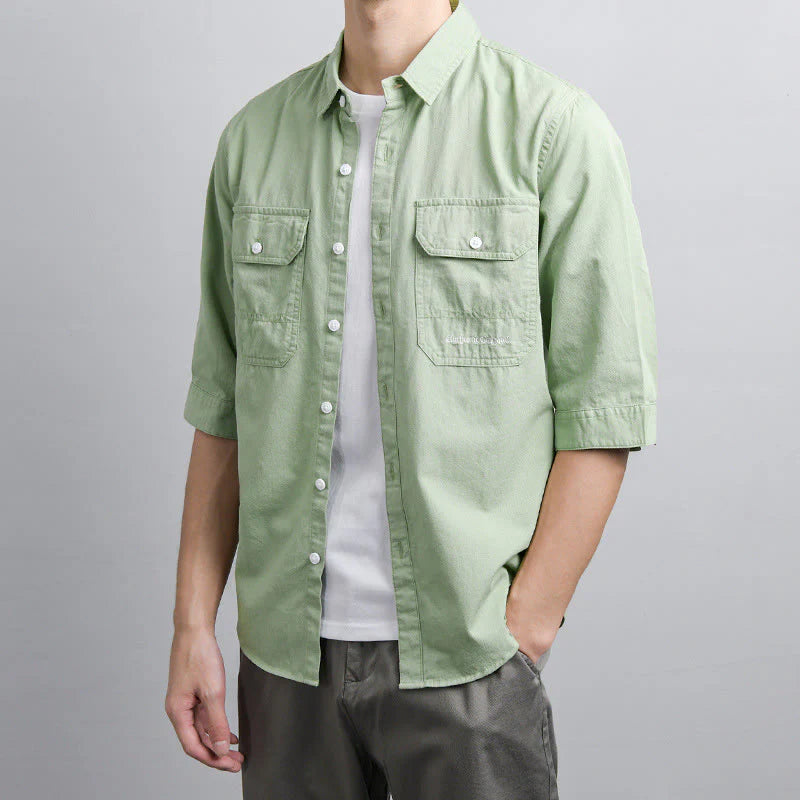 Buddha Stones Summer Buttons Down Two Decorative Pockets Men's Half Sleeve Cotton Shirt