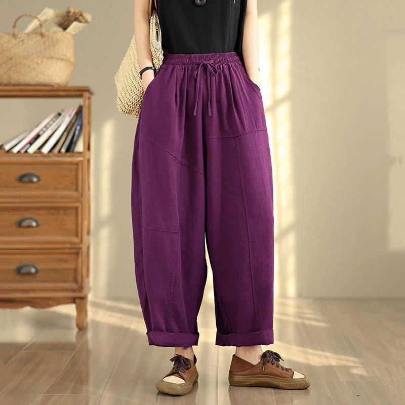 Buddha Stones Women's Fall Plain Color Drawstring Cotton Linen 7-8 Length Pants With Pockets