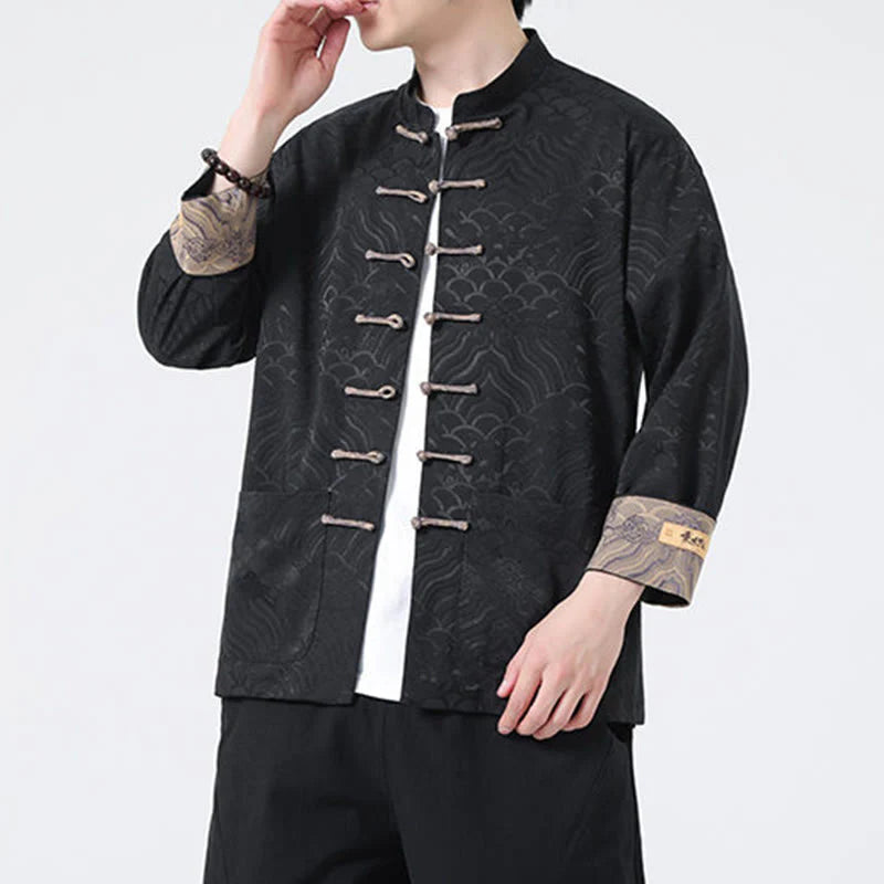 Buddha Stones Frog-Button Mountain Wave Pattern Long Sleeve Men's Cotton Jacket With Pockets