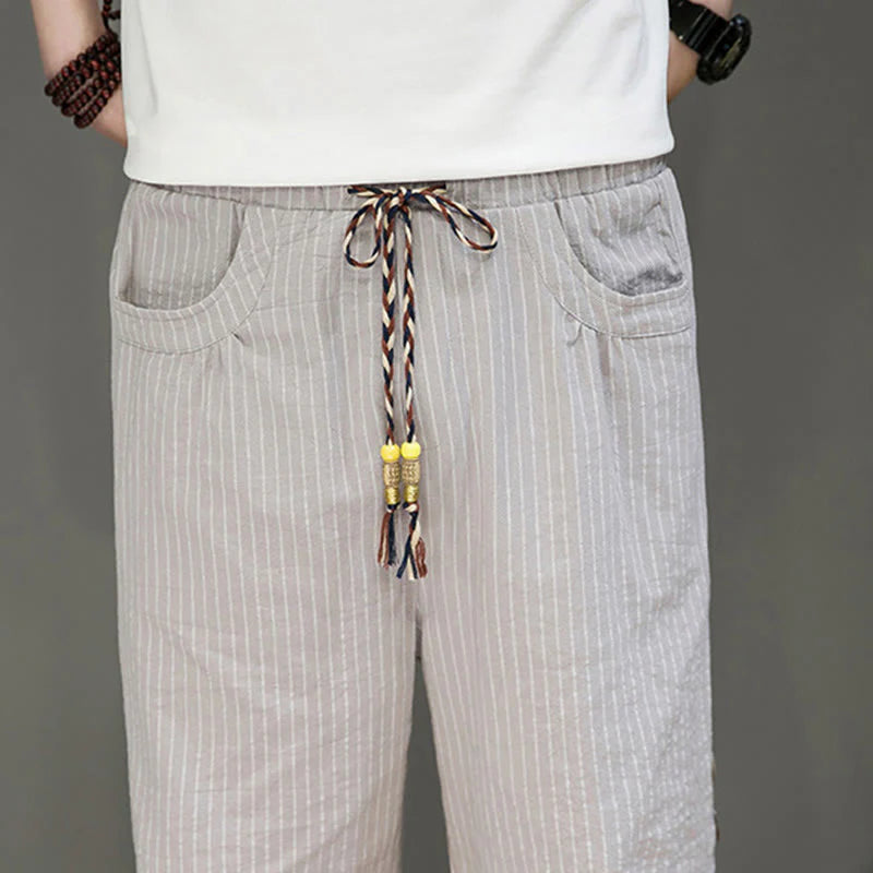 Buddha Stones Casual White Stripes Pattern Drawstring Button Design Men's Cotton Cropped Harem Pants With Pockets