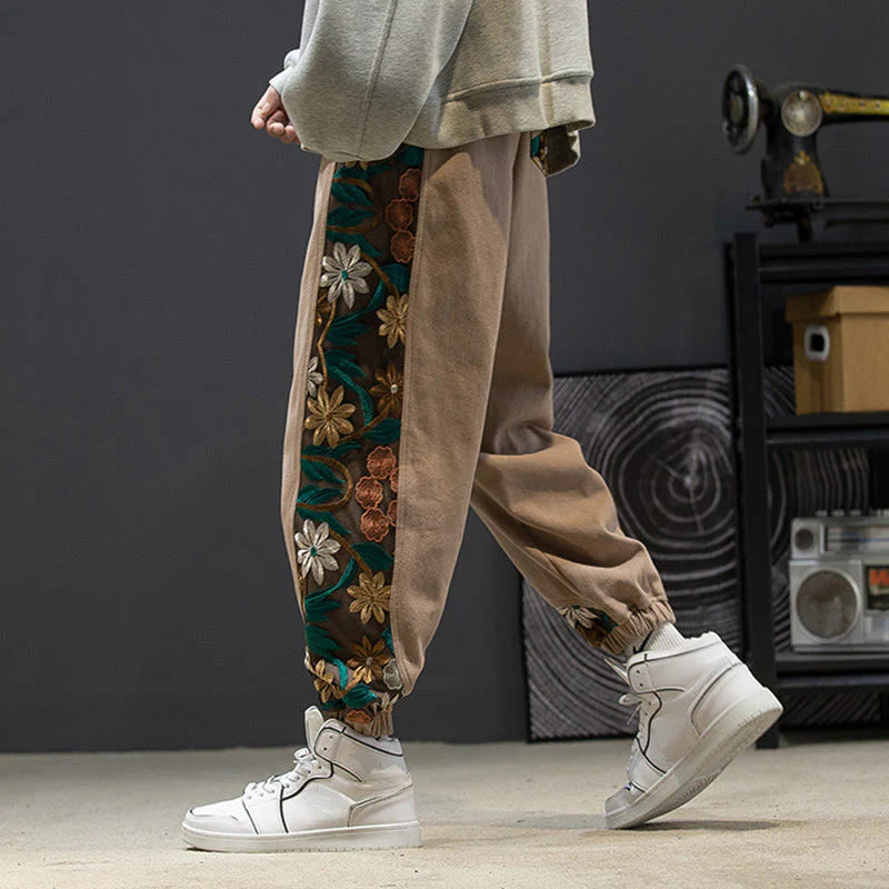 Buddha Stones Spring Men's Embroidered Flower Pattern Patchwork Cotton Pants With Pockets