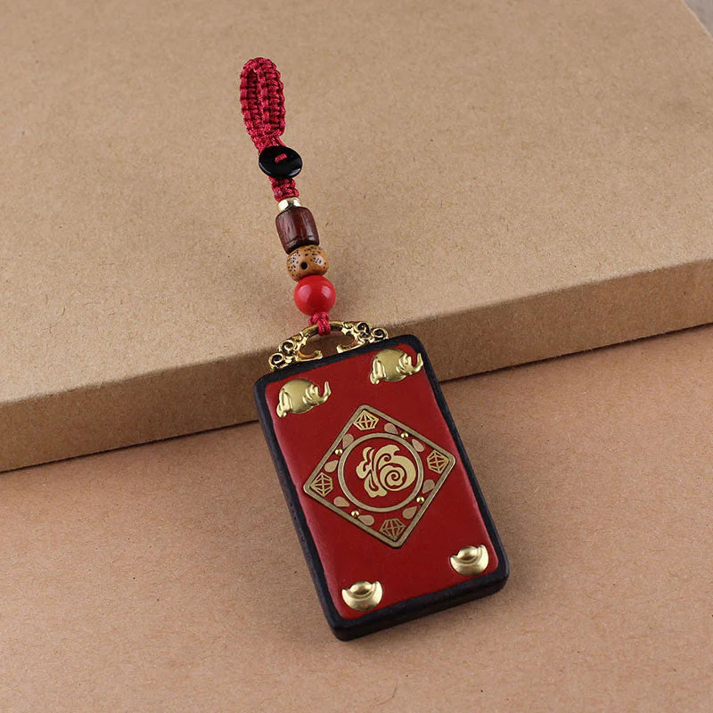 Buddha Stones Ebony Flower Koi Fish Fu Character Button Rope Key Chain