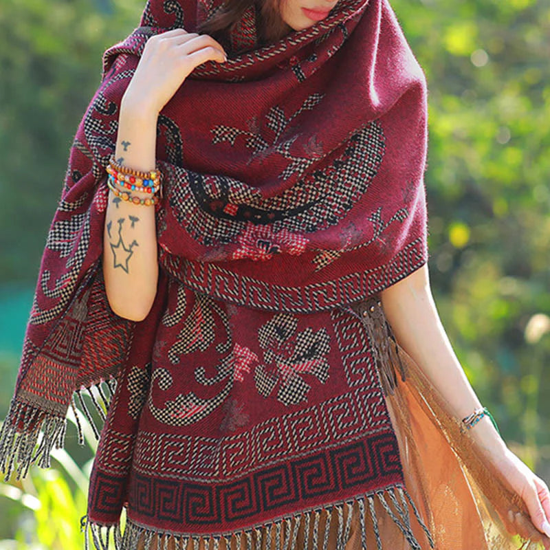 Buddha Stones Jacquard Ethnic Paisley Plants Pattern Tassel Soft Thermal Scarf Shawl