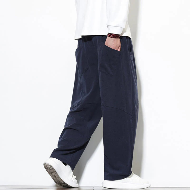 Buddha Stones Drawstring Solid Color Tapered Design Cotton Corduroy Men's Harem Pants With Pockets