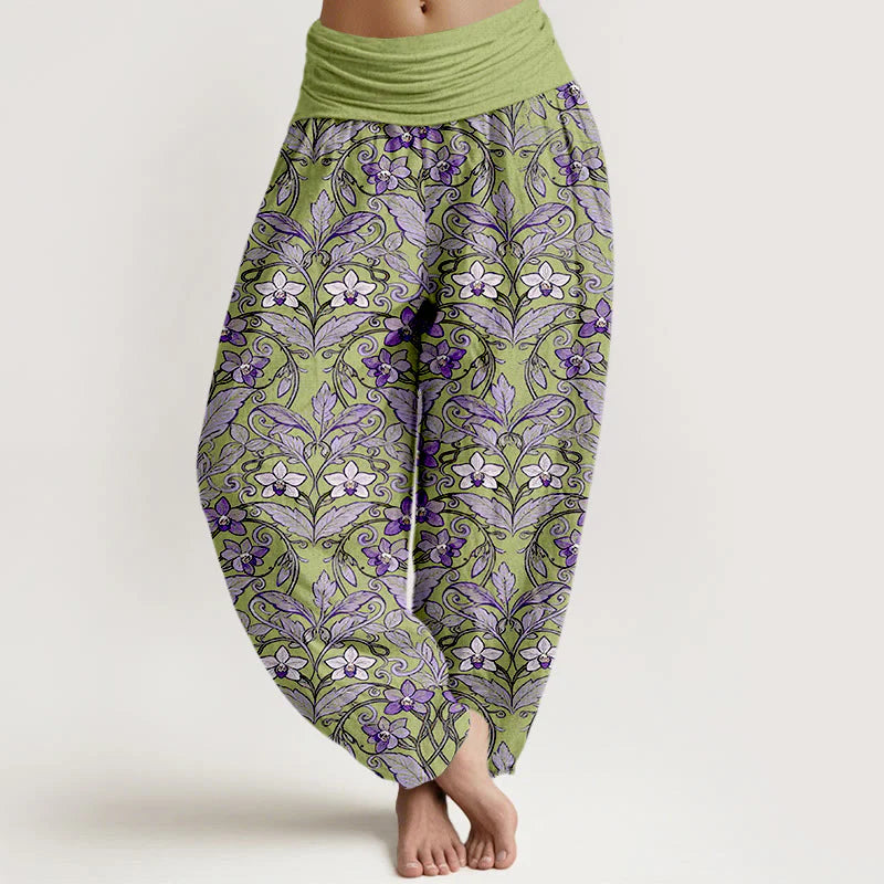 Buddha Stones Cotton Star Shaped Flowers Leaves Pattern Women's Elastic Waist Harem Pants