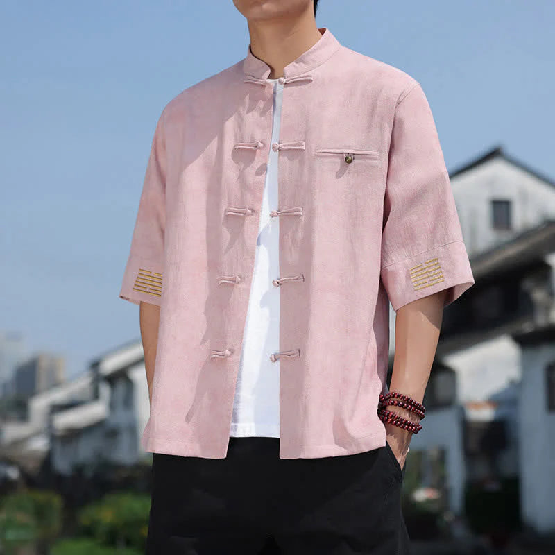 Buddha Stones Frog-Button Mottled Pattern Embroidery Short Sleeve Tang Suit Men's Linen Shirt