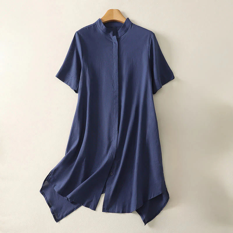 Buddha Stones Summer Stand Collar Short Sleeve Plain Women's Buttons Cotton Shirt With Pocket