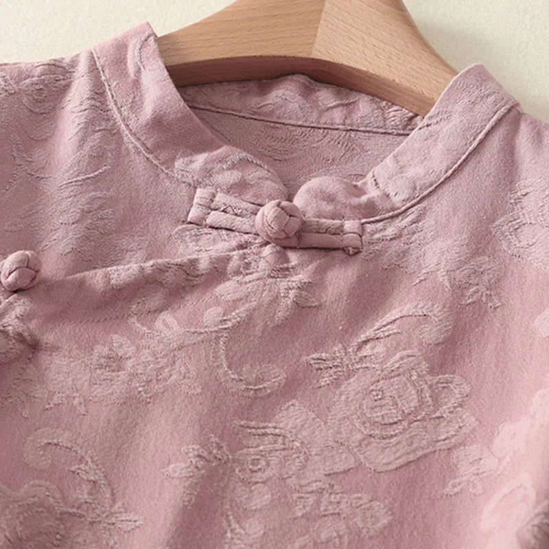 Buddha Stones Jacquard Diagonal Placket Long Sleeve Women's Cotton Linen Buttons Shirt