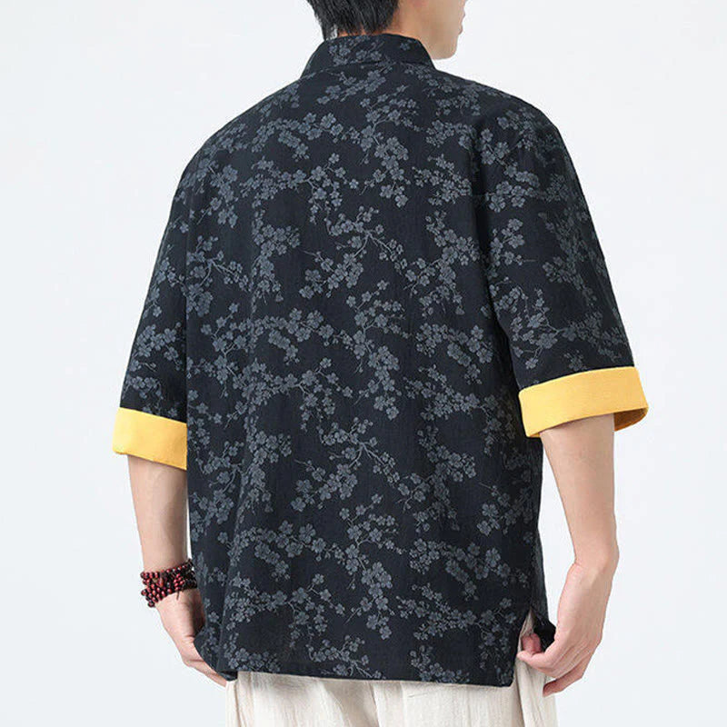 Buddha Stones Summer Peach Blossoms Pattern Chinese Frog-Button Cotton Linen Short Sleeve Men's Shirt