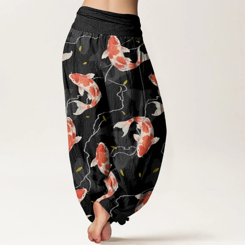 Buddha Stones Cotton Red White Koi Fish Pattern Design Women's Elastic Waist Harem Pants