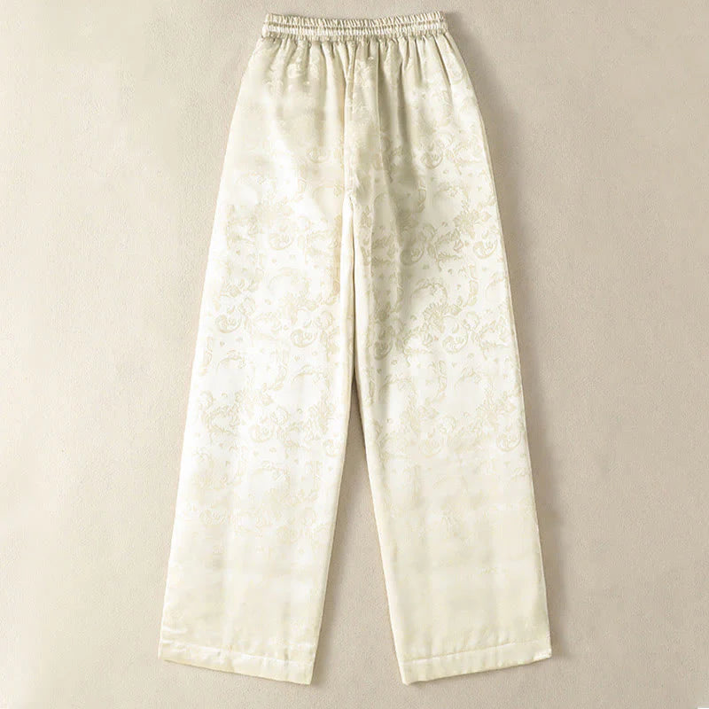 Buddha Stones Jacquard High Waist Design Women's Wide Leg Thermal Thickened Pants With Pockets