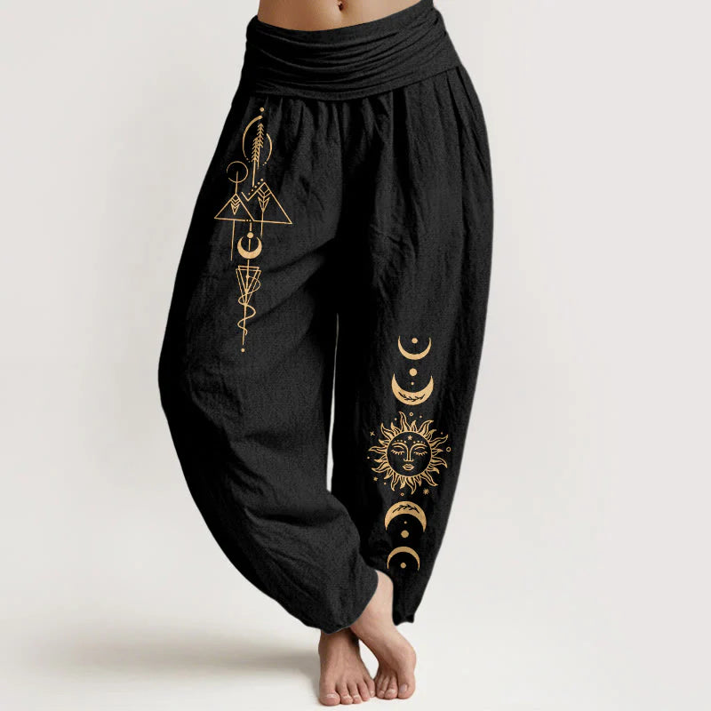 Buddha Stones Pure Cotton Concise Sun Moon Geometric Pattern Women's Elastic Waist Harem Pants