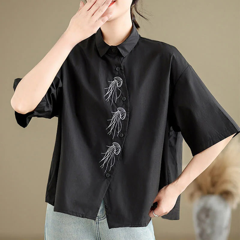Buddha Stones Casual Women's Embroidered Jellyfish Pattern Stand Collar Buttons Design Half Sleeve Cotton Shirt