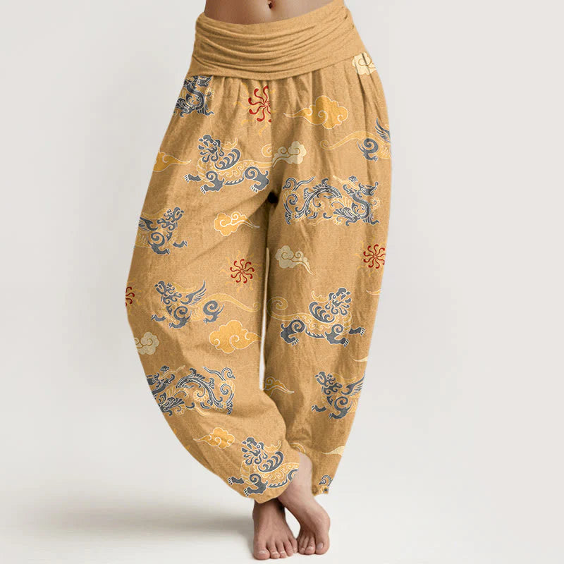 Buddha Stones Cotton Gorgeous Dragon Auspicious Beast Cloud Pattern Women's Elastic Waist Harem Pants