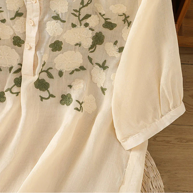 Buddha Stones Casual Women's Flowers Green Leaves Embroidery Pattern V-Neck Design Half Sleeve Cotton Linen Shirt