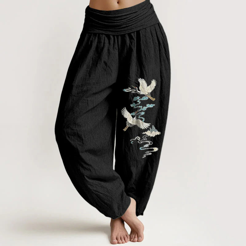 Buddha Stones Pure Cotton Elegant Crane Cloud Mountain Pattern Women's Elastic Waist Harem Pants