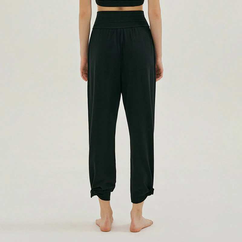 Buddha Stones Casual Loose Tie-down Hem Plain High Waist Women's Leica Pants With Pockets
