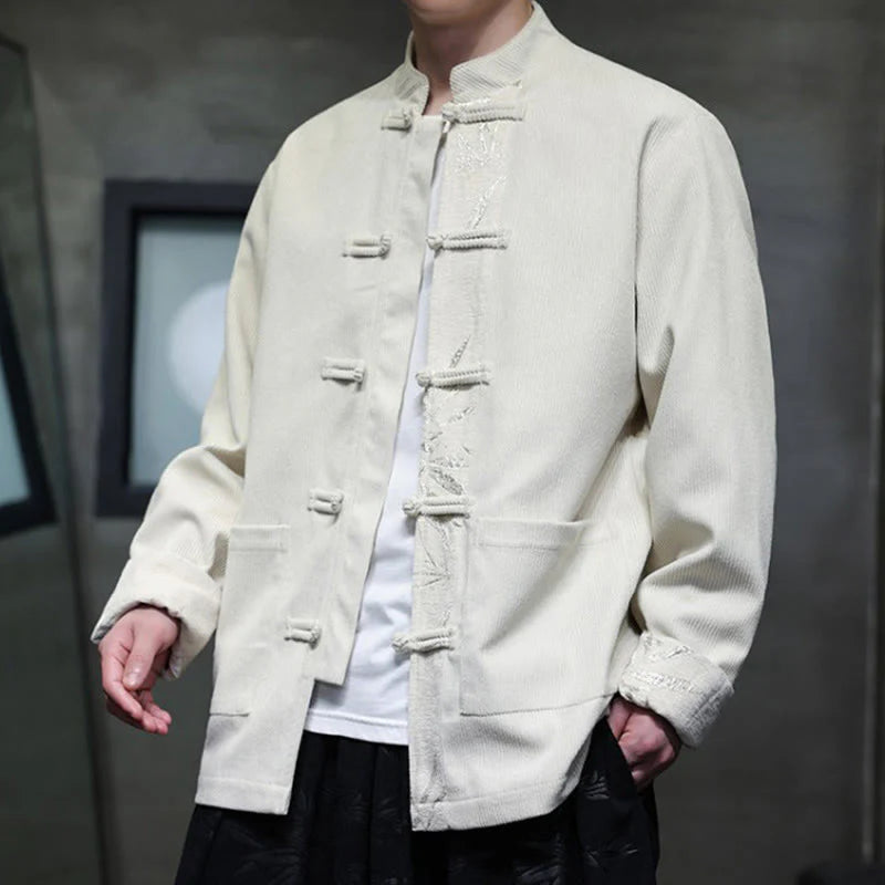 Buddha Stones Fall Bamboo Frog-Button Long Sleeve Men's Corduroy Cotton Jacket With Pockets