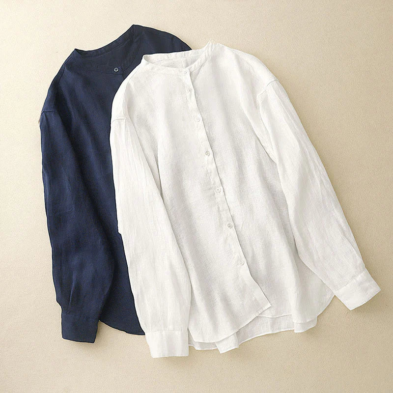 Buddha Stones Solid Color Crew Neck Buttons Design Women's Cotton Long Sleeve Shirt