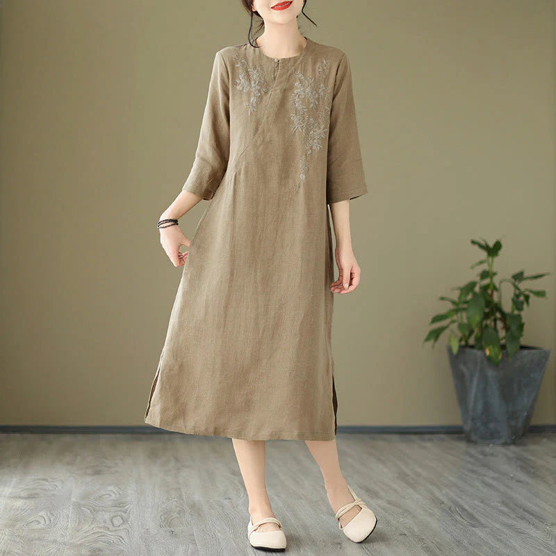 Buddha Stones Vintage Embroidery Three Quarter Sleeve Cotton Linen Midi Dress With Pockets