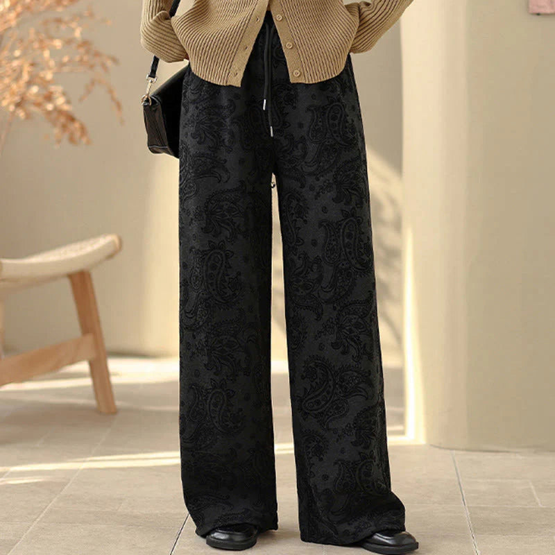 Buddha Stones Jacquard Paisley Pattern Women's Wide Leg Thermal Fleece-Lined Cotton Pants With Pockets