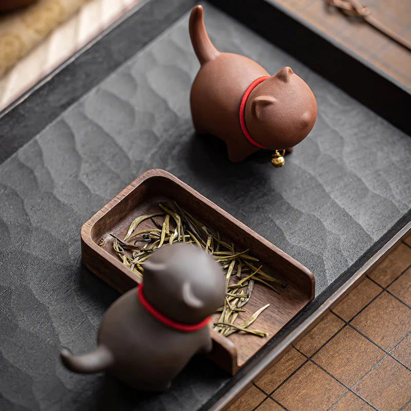Buddha Stones Mini Lovely Red Rope Bell Cat Tea Pet Purple Clay Figurine Desk Decoration