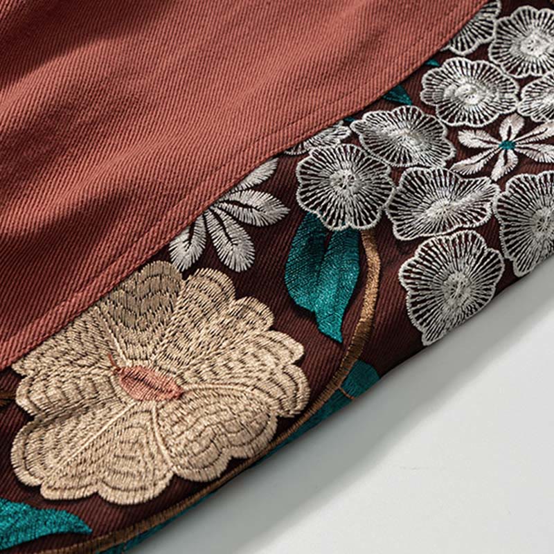 Buddha Stones Spring Men's Embroidered Flower Pattern Patchwork Cotton Pants With Pockets