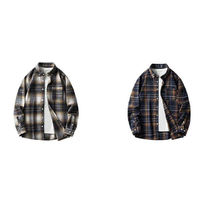 Buddha Stones Commute Multicolor Plaid Button Men's Cotton Long Sleeve Shirts With Pocket