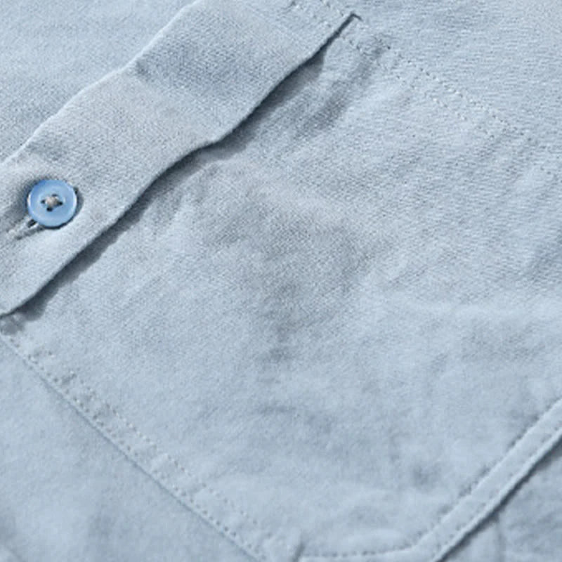 Buddha Stones Casual Solid Buttons Down Decorative Pocket Men's Stand Collar Long Sleeve Cotton Shirt