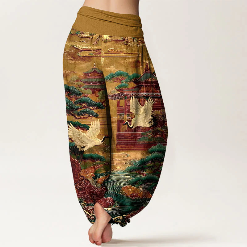 Buddha Stones Cotton Exquisite Crane Architecture Pine Tree Cloud Pattern Women's Elastic Waist Harem Pants