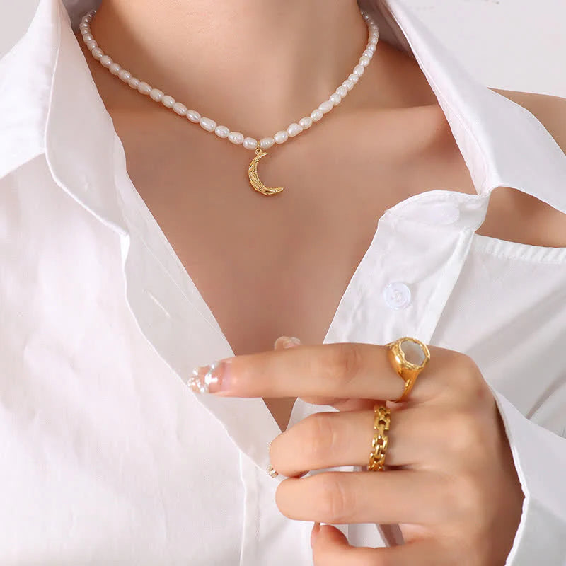 Pearl Crescent Moon Calm Necklace Pendant (Extra 35% Off | USE CODE: FS35)