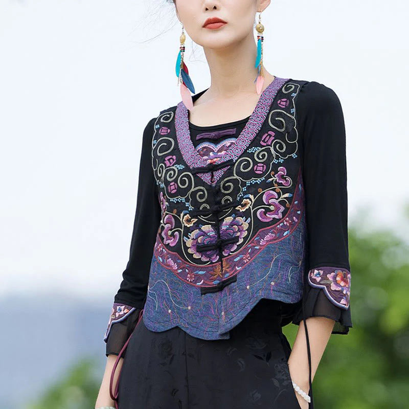 Buddha Stones Vintage Frog-Button Embroidery Purple Flower Tang Suit Design Sleeveless Vest (Extra 30% Off | USE CODE: FS30)