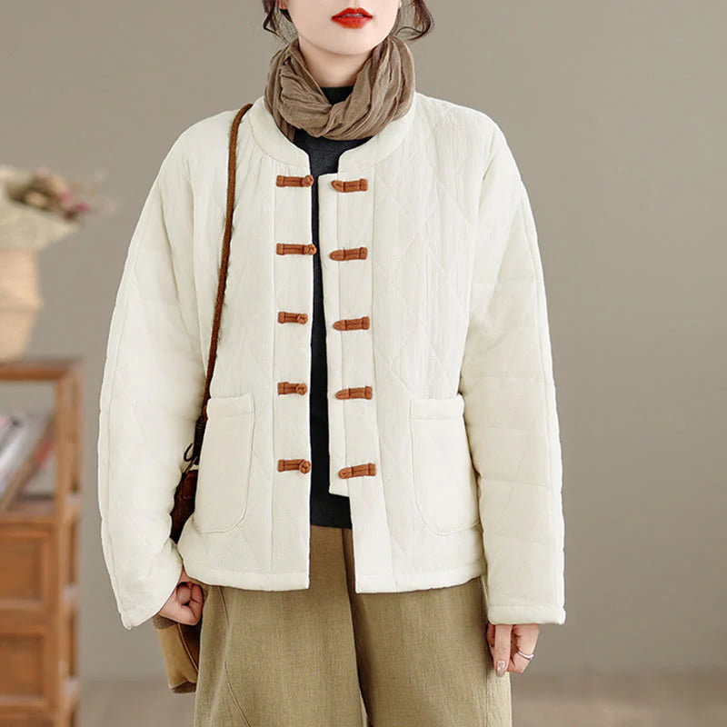 Buddha Stones Winter Frog-Button Diamond-shaped Lines Cotton Long Sleeve Women's Thermal Jacket With Pockets