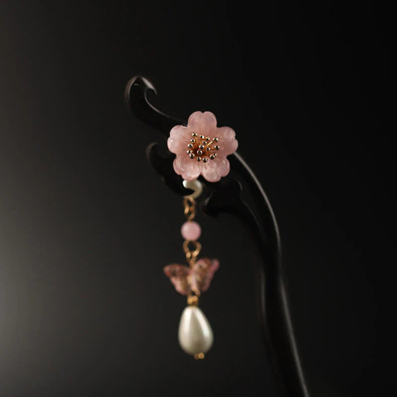 Buddha Stones Ebony Flower Butterfly Blessing Hairpin