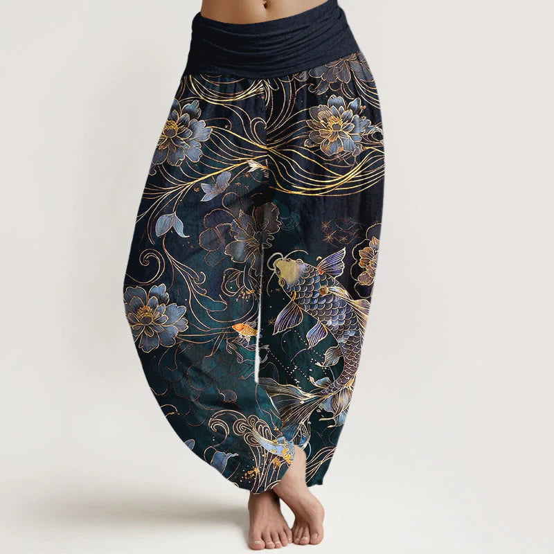 Buddha Stones Pure Cotton Dreamlike Koi Fish Peony Curve Pattern Women's Elastic Waist Harem Pants