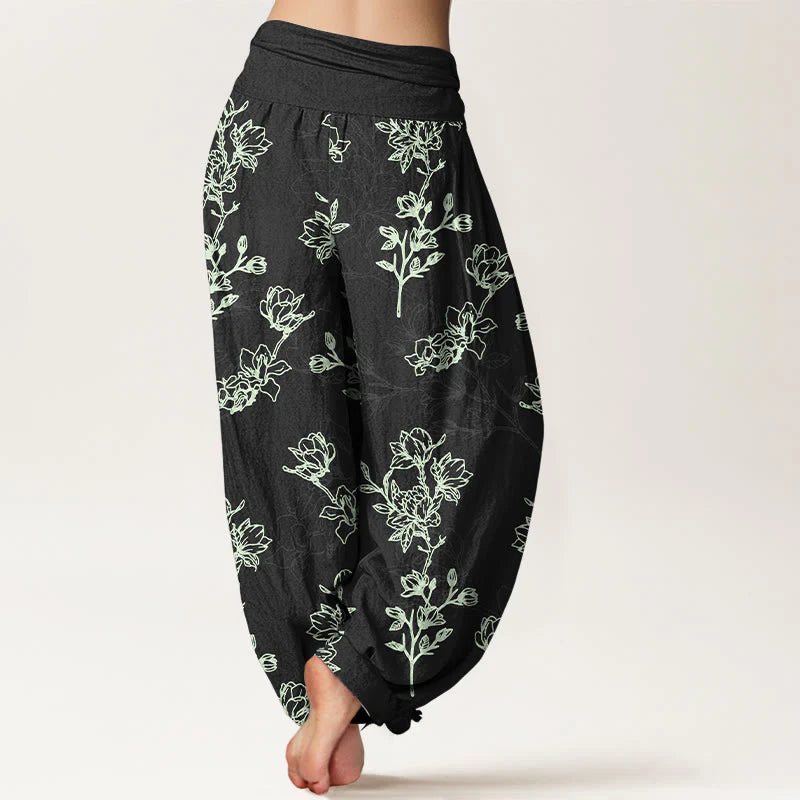 Buddha Stones Cotton Simple Flower Bud Pattern Women's Elastic Waist Harem Pants