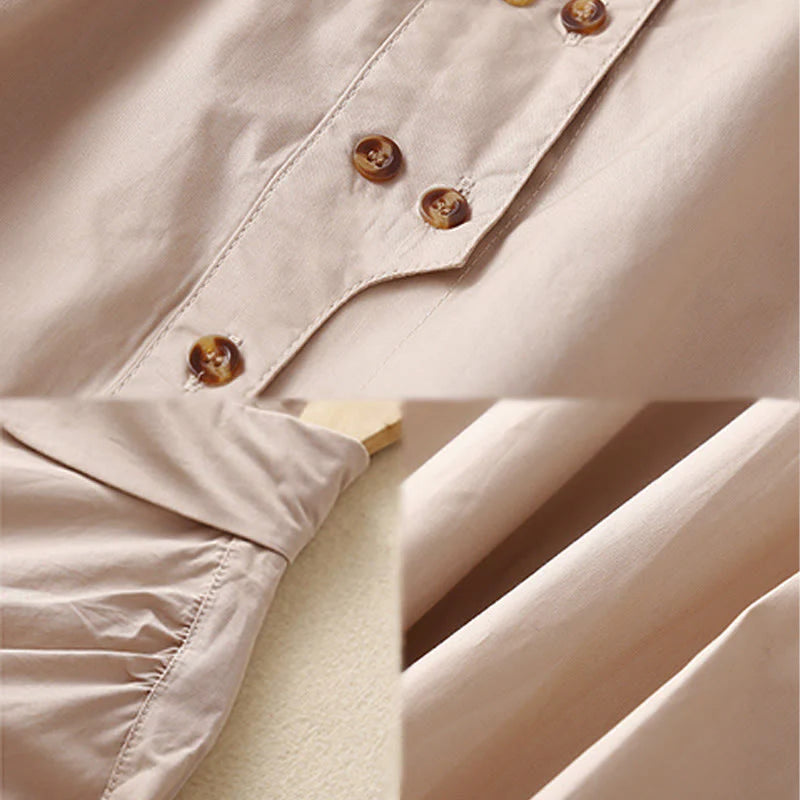 Buddha Stones Plain Double-breasted Long Sleeve Women's Cotton Lapel Shirt