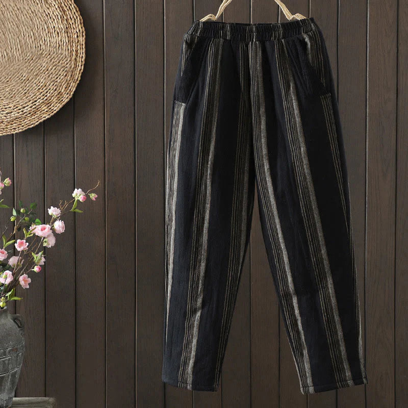 Buddha Stones Commute Thermal Striped Cotton Women's Harem Pants With Pockets
