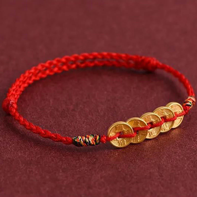 Buddha Stones Five Copper Coins Design Braided String Protection Bracelet Anklet