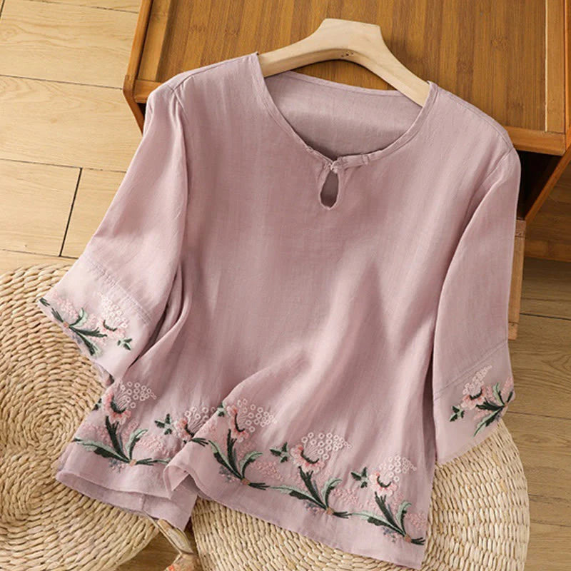 Buddha Stones Casual Floral Embroidery Crew Neck Women's Frog-Button Polyester Half Sleeve Shirt