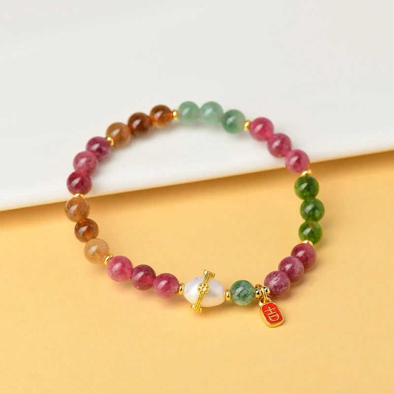 Buddha Stones Natural Multicolored Tourmaline Pearl Auspicious Character Charm Wisdom Bracelet (Extra 35% Off | USE CODE: FS35)