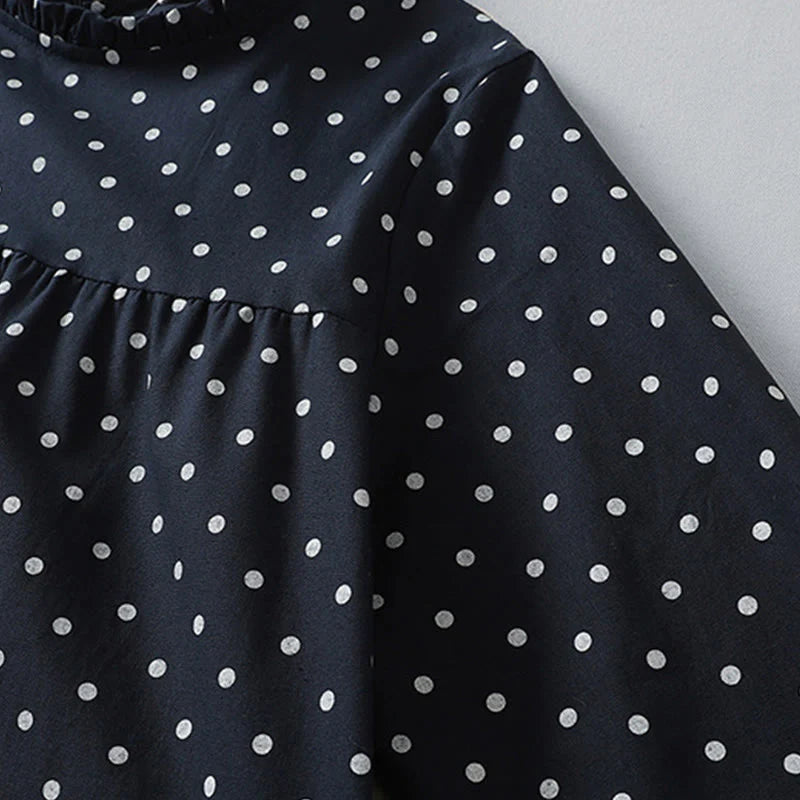 Buddha Stones Spring Dot Pattern Ruffle Crew Neck Long Sleeve Cotton Linen Midi Dress With Pockets