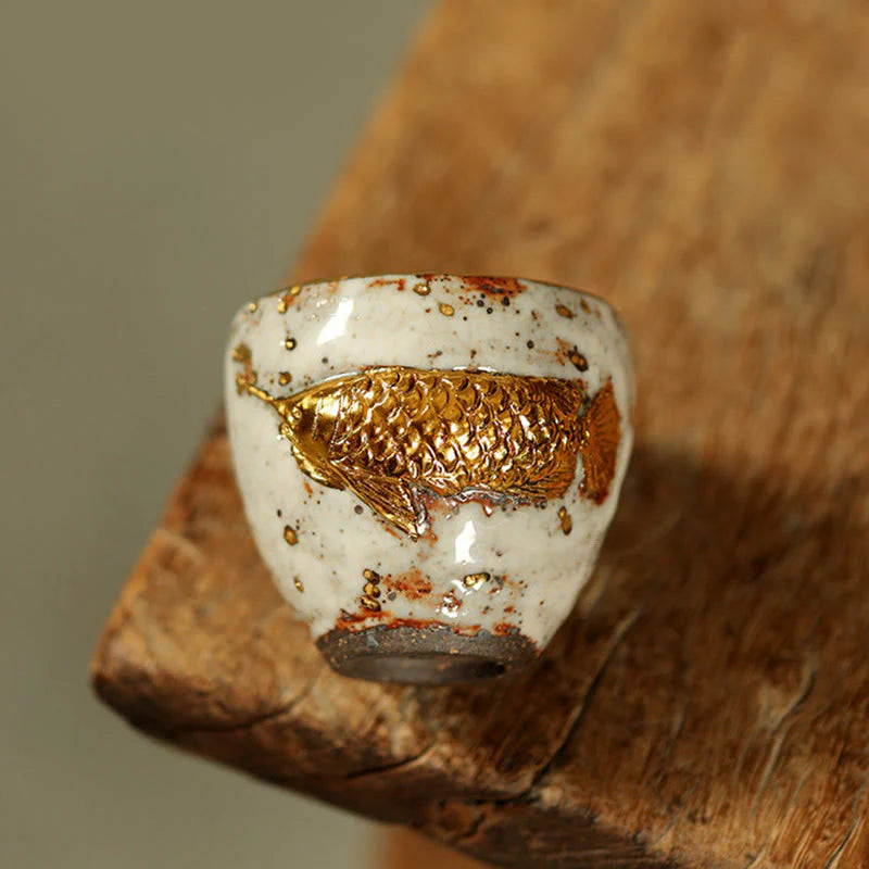 Buddha Stones Handcrafted Golden Arowana Koi Fish Ceramic Teacup Kung Fu Tea Cup Teapot