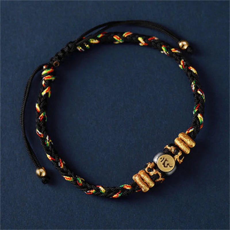Buddha Stones Chinese Zodiac Natal Buddha Silver Luck Braided String Bracelet